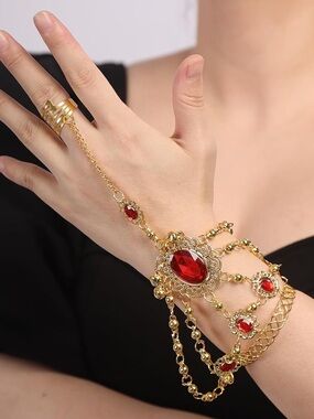 Anthropologie Gold-Tone Hand Chain with Red Gem Accents